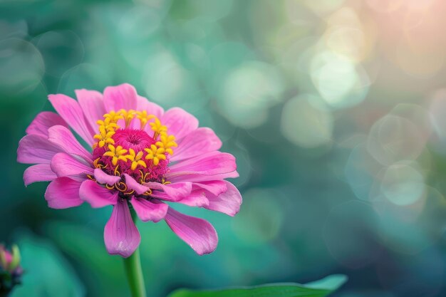 Close up photo of blooming zinnia in summer with violet petals on green background