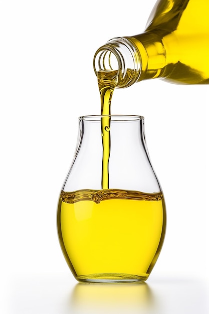 Photo close up photo of a bottle of olive oil being poured into a glass isolated on a white background