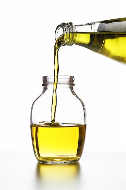 Photo close up photo of a bottle of olive oil being poured into a glass isolated on a white background