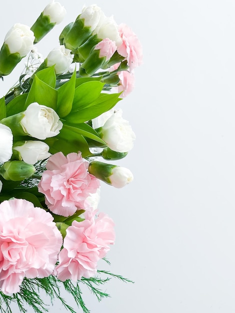 Close up photo of a bouquet of pink and white