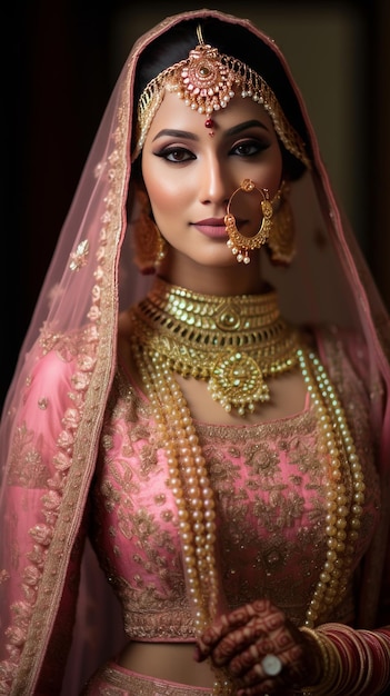 Close up photo of a bride in a pink and gold lehenga generative AI