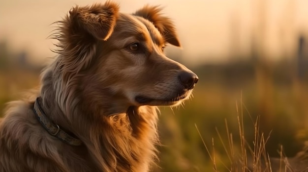 Close up photo of brown basque shepherd dog sit and look straight forward with nature background