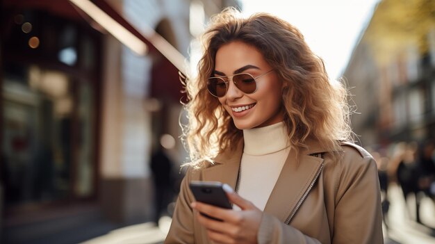 Close up photo of buisness woman in sunglasses looking in her smartphone on bright sunny city street