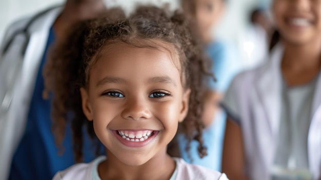 Close up photo of a cheerful smiling little elementary school child with family in pediatric clinic