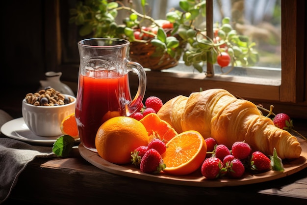 Close up photo of Coffee breakfast with pastries croissants Generative AI