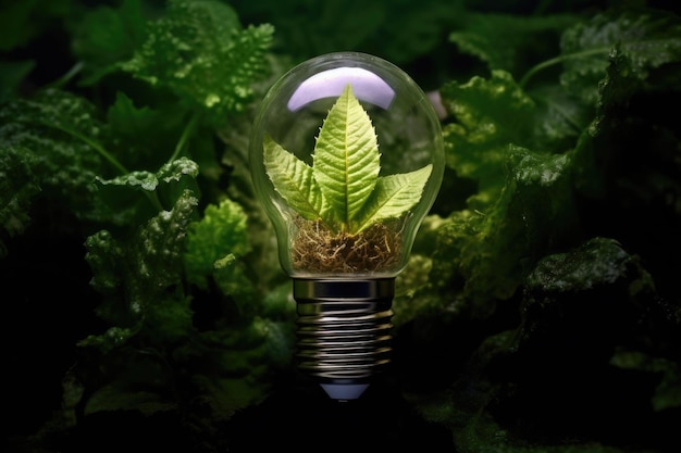 Close up photo the concept of renewable energy and sustainable living through the depiction of an eco friendly lightbulb made from fresh leaves Generative AI