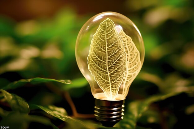 Close up photo the concept of renewable energy and sustainable living through the depiction of an eco friendly lightbulb made from fresh leaves Generative AI