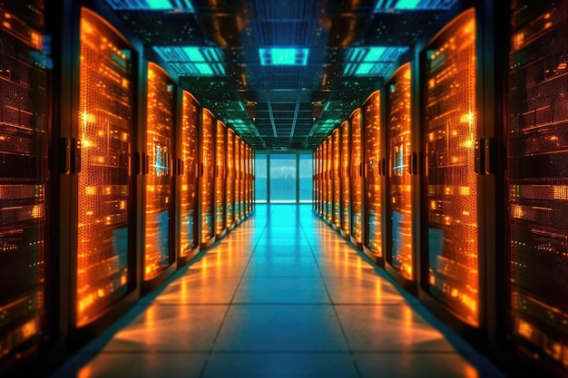 A close up photo of a corridor in a busy data center The image features a multitude of rack servers and supercomputers filling the frame Generative AI