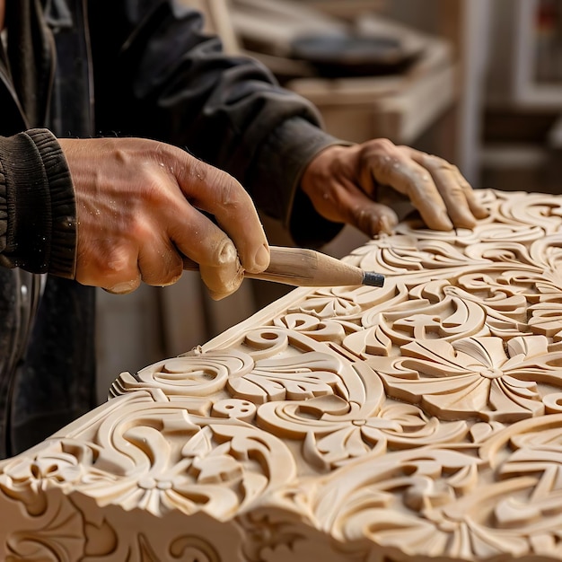 Photo close up photo of a craftsman39s hands carving intricate floral designs into wooden panel