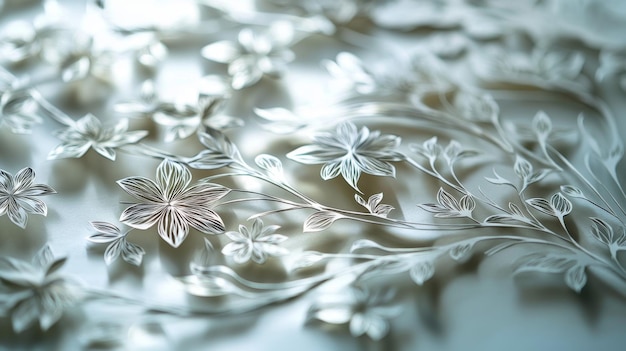 A close up photo of delicate white paper flowers arranged in a floral pattern on a white background