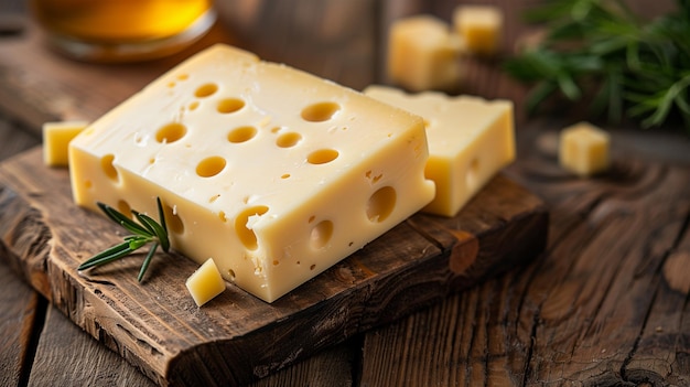 Close up photo of delicious tasty cheese on wooden tabletop