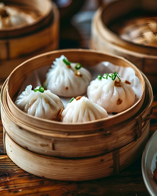 Photo close up photo of dim sum in wooden tray this photo is suitable for a menu image at a restaurant