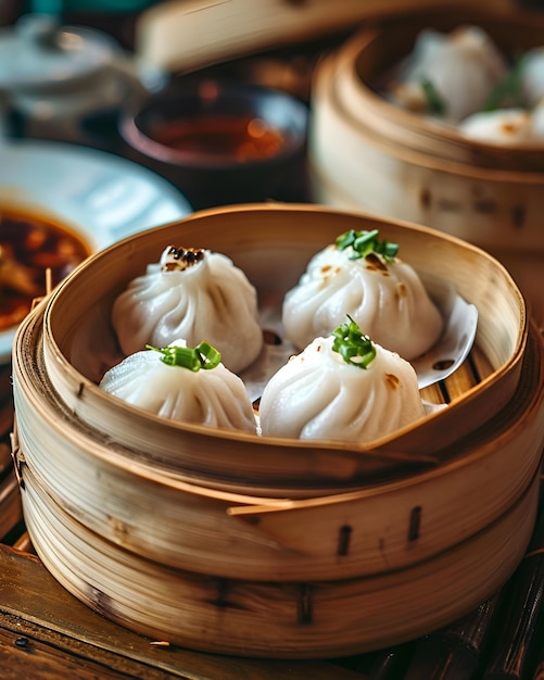 Photo close up photo of dim sum in wooden tray this photo is suitable for a menu image at a restaurant