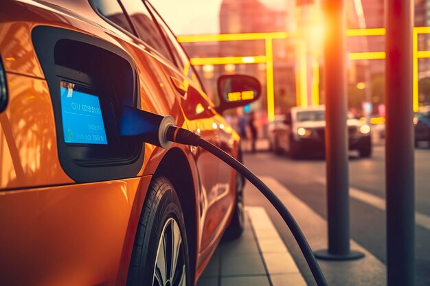 Close up photo of an electrical car charging at a gas station Generative AI