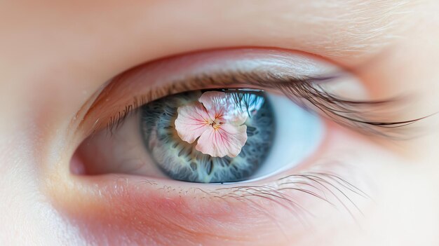 Close up photo of eye with flower reflected in lens showcasing beauty and detail