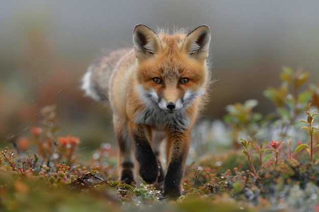 Close up photo of fox cub walking in the misty field wildlife photography