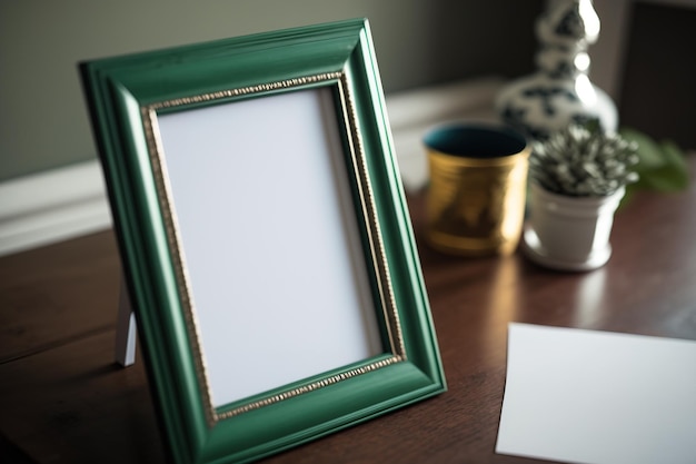 A close up of a photo frame on a table at home with green copies