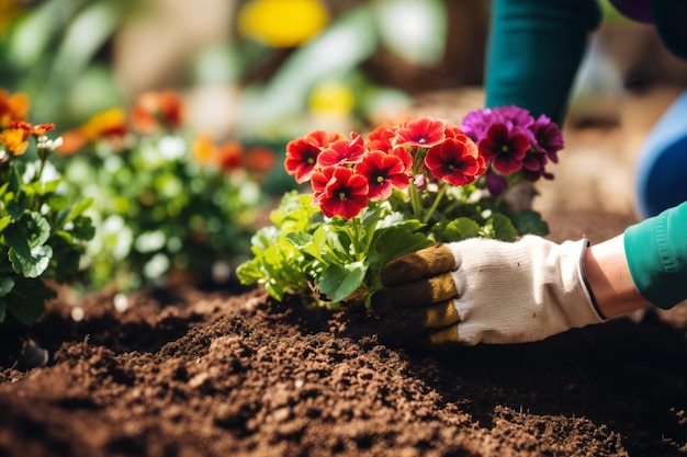 Close up photo of Gardener planting flowers in home garden Generative AI