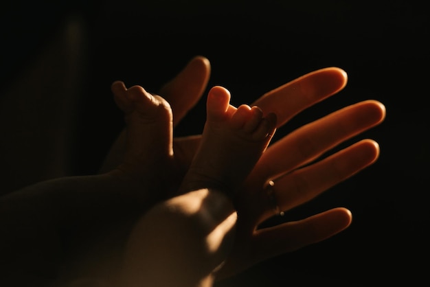 A close-up photo of the gentle hand of the mother who is holding the feet of her newborn baby. The legs of the infant in the sunlight in the evening.