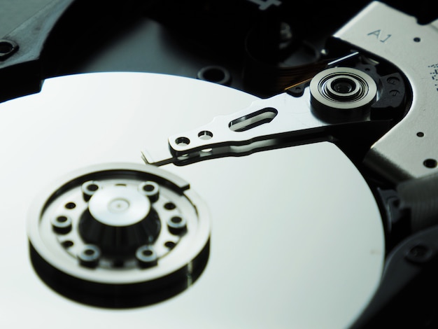 Close up photo of a hard disk used in an older computer.