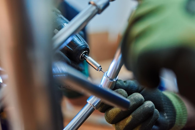 Close-up photo of installation of aluminum fence. Selective focus. High-quality photo