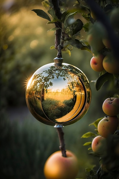 Close up photo of a mirror apple hanging in an apple tree AI Generative