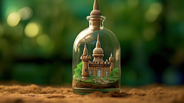 Close up photo mosque on bottle Generative AI