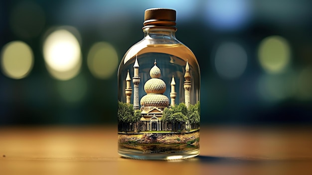 Close up photo mosque on bottle Generative AI