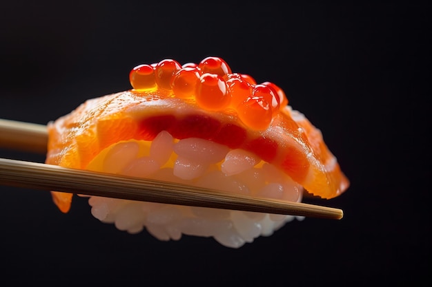 close up photo of one piece of sushi with salmon and caviar on rice chopsticks holding