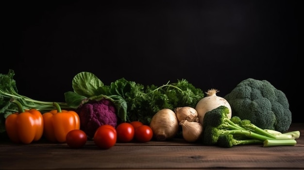 Close up photo of organic vegetables and healthy fruit placed on a dark wooden table 3