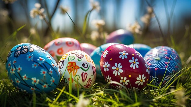 Close up photo of painted easter eggs on green grass meadow on a spring sunny day Spring holidays concept