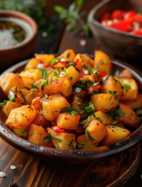 Close up photo of Patatas Bravas a traditional Spanish tapas dish garnished with fresh herbs