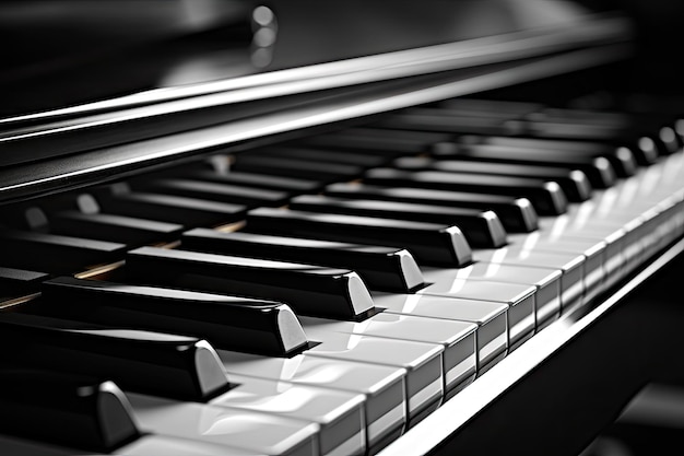 Close up photo of piano keys in black and white