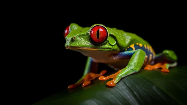 Close up photo of redeyed leaf frog on black background 9