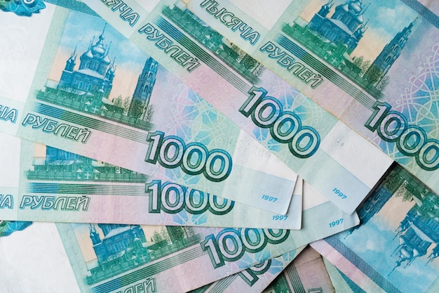 Close-up photo of Russian rubles. Finance and business concept