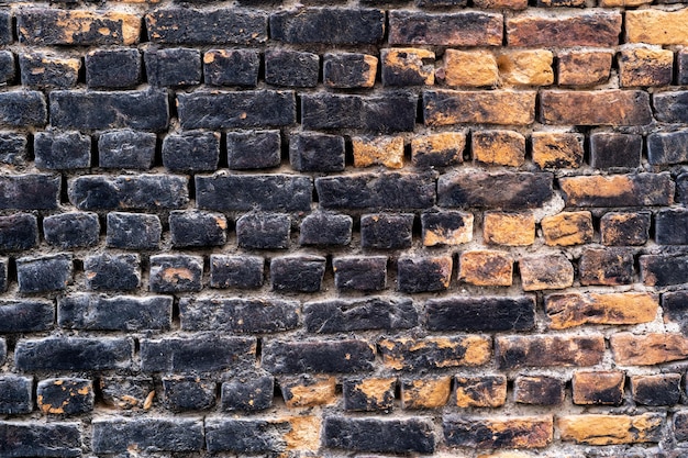 Close up photo of rustic and retro styled brick wall texture background Old dark and black stained