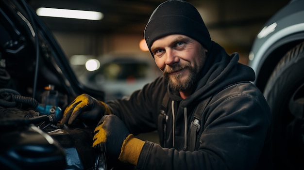 A close up photo of sitting cheerful mechanic in yellow dirty gloves with a slight smile on his face