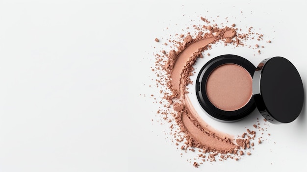 Close Up photo of a spilled pastel pink cosmetic powder in a gold jar on a mate background