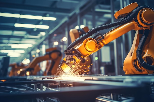 A close up photo of a state of the art assembly line in a car factory showcasing the integration of automated robot arms and human workers Generative AI