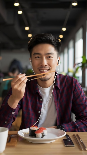 Photo close up photo of sticks holding casual and stylish young asian man with earphones at cafe eating s