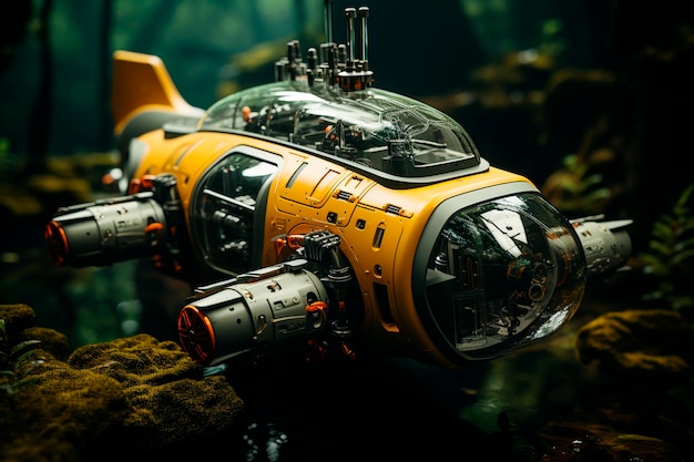 Close up photo of a submarine with a scuba diving in a dark studiogenerative ai