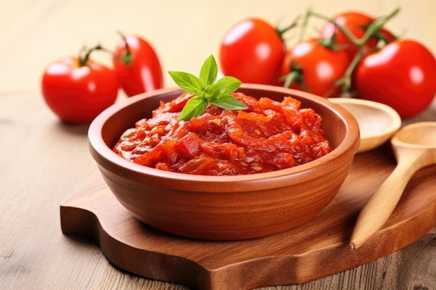 Close up photo of vegan arrabbiata sauce served in a wooden bowl made with tomatoes garlic and dried