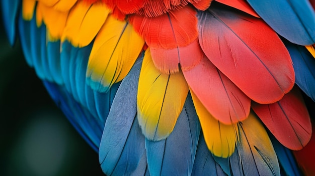 A close up photo of vibrant blue red and yellow macaw feathers The texture and pattern