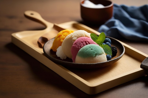 A close up photo with selective focus of the vibrant mochi dessert served with ice cream on a wooden