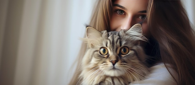 Close up photo of woman hugging adorable Siberian cat with green eyes Background with space for copy