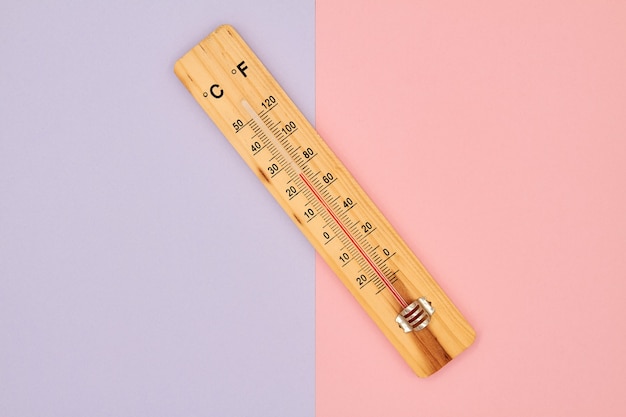 Close-up photo of wooden household alcohol thermometer showing temperature in degrees Celsius