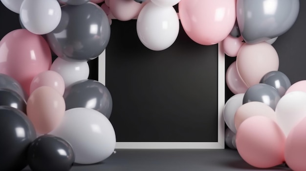 Close up the photo zone from pink and grey balloons with white copy space for your text