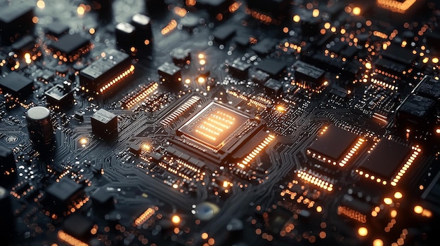 A close up photograph of a circuit board with glowing components