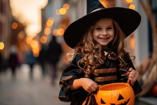 A close up photograph of a little girl adorned in a charming witch costume strolling along the street with a delightful pumpkin shaped candy Generative AI