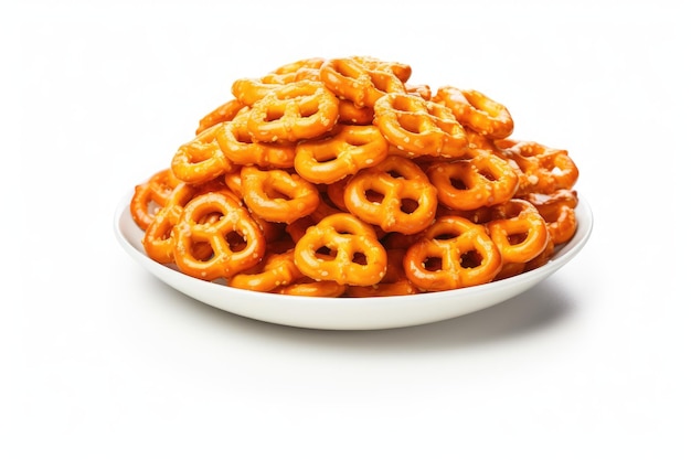 Close up photography of mini pretzels on a white background featuring crunchy cracker pretzels sprin